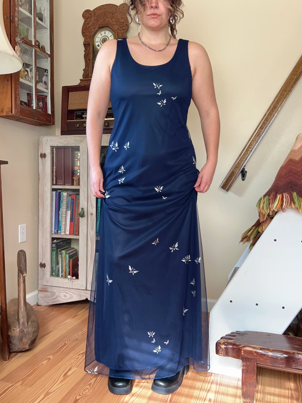 Vintage 90s Virgo II Navy Mesh Glitter Butterfly Maxi Formal Dress Size Medium